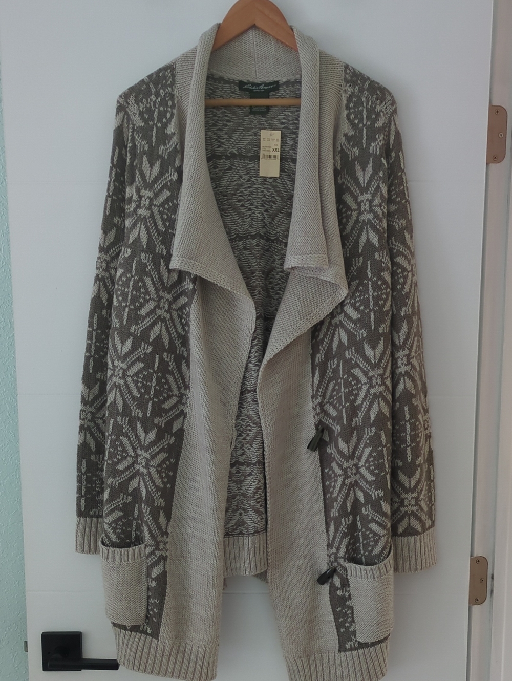 Eddie Bauer XXL Wool Mix Cozy Taupe Cream Open-Front Snowflake Cardigan Sweater